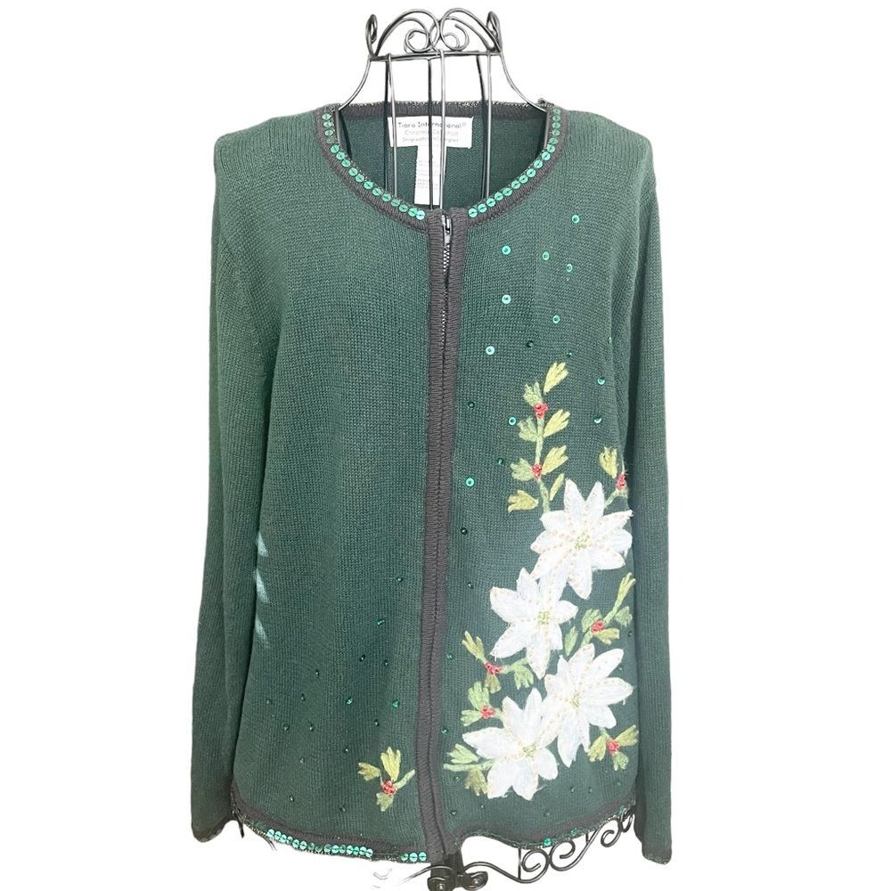 VINTAGE Tiara International White Poinsettia Zippered Christmas Sweater Size XL
